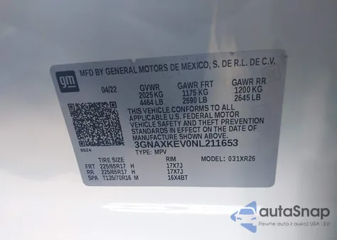 2022 Chevrolet Equinox Fwd Lt from USA, damaged, VIN 3GNAXKEV0NL211653